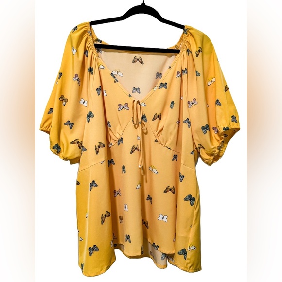 Shein Curve 4XL Yellow Butterfly Print Tie Front Puff Sleeve Peplum Blouse NWOT - Picture 1 of 10